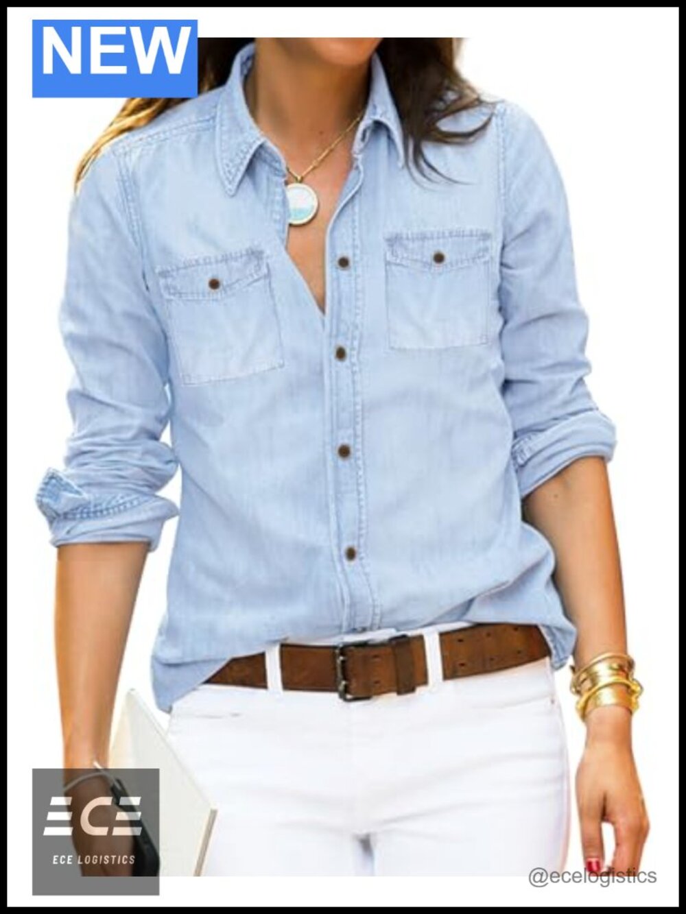 Vetinee Women's Button Down Denim Shirt Collared Long Sleeve Pocket Top